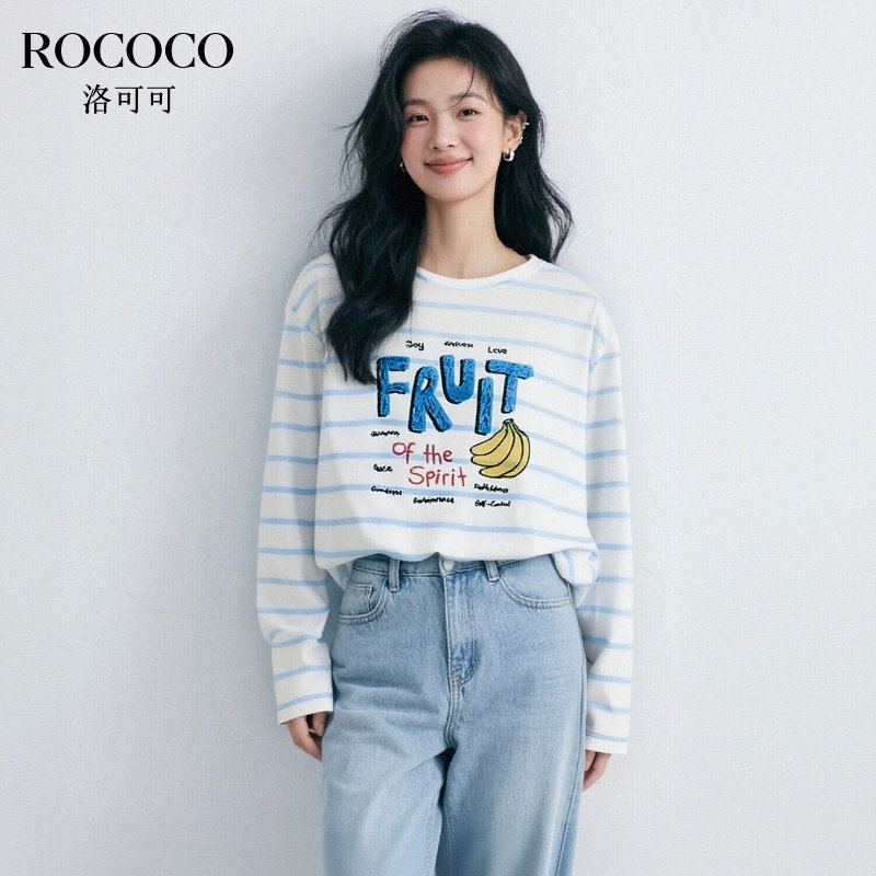 ROCOCO/洛可可条纹印花长袖露背T恤女秋季新款设计感宽松显瘦上衣