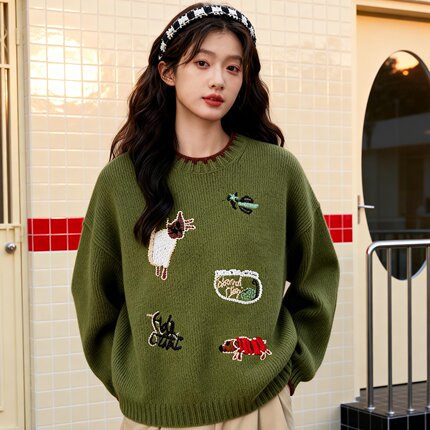 ROCOCO/洛可可纯羊毛动物抽象刺绣针织衫女撞色休闲秋冬套头上衣