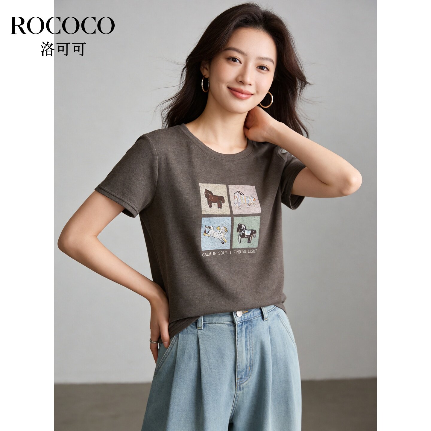 ROCOCO/洛可可小马印花短袖T恤女士夏季圆领宽松显瘦百搭显瘦上衣