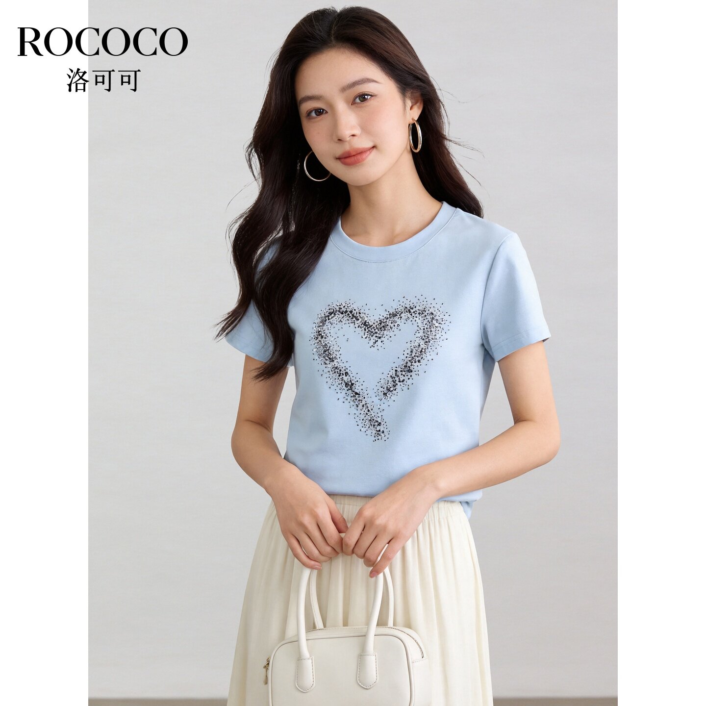 ROCOCO/洛可可蓝色爱心烫钻短袖T恤女夏季显瘦减龄棉质上衣