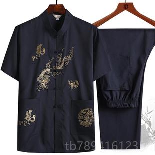 高档中老年人夏季套装唐装衣男短袖衬刺衫绣爸爸码晨练服爷大爷汉