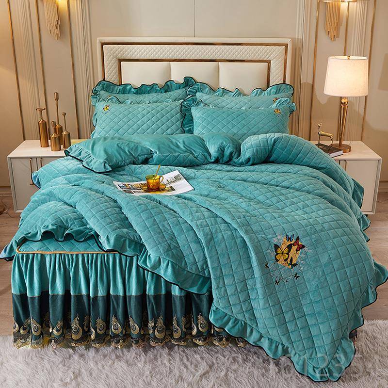 高档公风夹棉床裙四件套加厚绒水绒保晶暖双面绒珊瑚1.8x2米1.主5