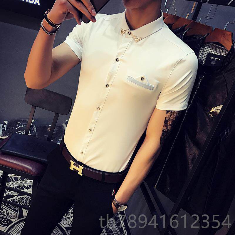高档型夏美发师理发发师店酒吧KT店V服务员工作服夜男士短袖衬衫