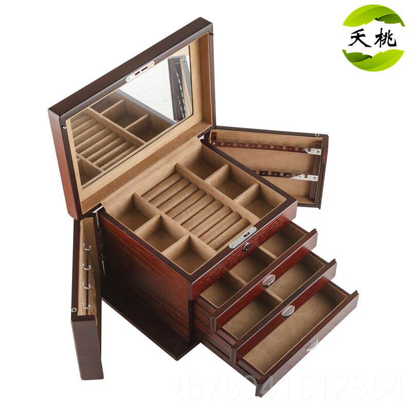 高档夭桃（饰品）式古风木中质多饰盒首珠宝收纳藏盒箱带锁节日层