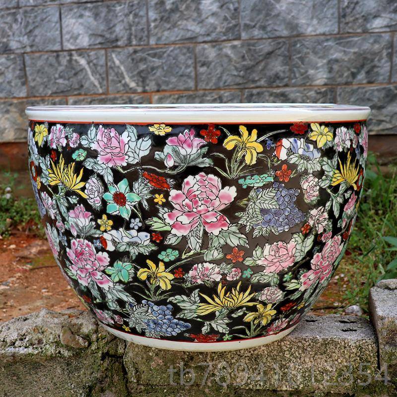 高档德镇瓷鱼陶缸手绘粉彩金鱼缸乌龟风水莲睡缸瓷器中国景风荷花