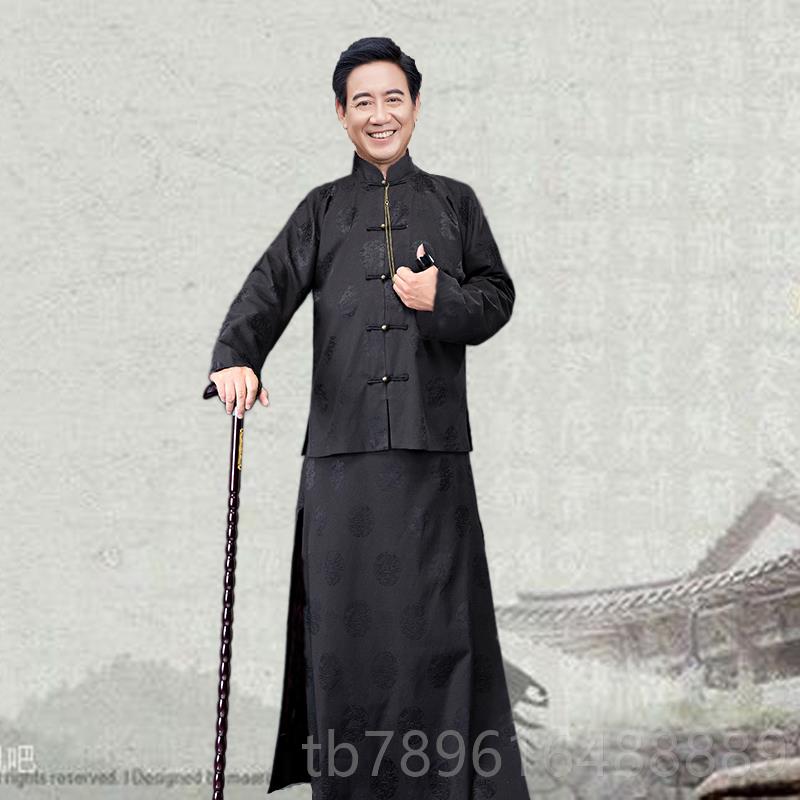 高档影视古装民上海滩男棉国袍麻长衫长马褂老爷老板清朝演出服装