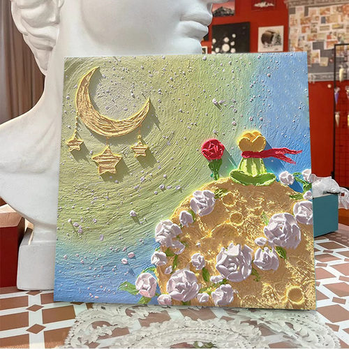 月亮玫瑰花小王子肌理数字油画