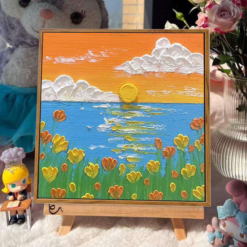 奶油花卉风景石英砂肌理画DIY