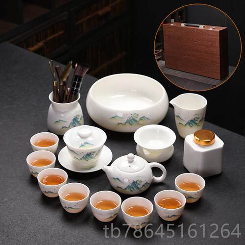 正品网红千江山羊玉白瓷功夫茶具套组里档盖高碗茶壶礼盒家用202