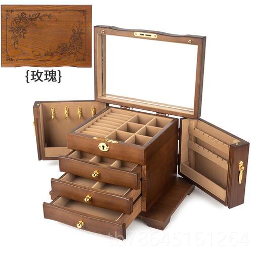 正品木质首饰盒精致高档2项05新款饰实木大2容量耳环炼品收纳盒子