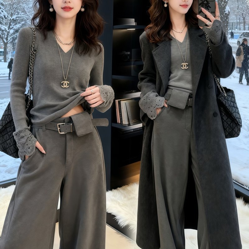 Fashion Master时尚大师双面呢大衣搭气质显瘦V领毛衫+百搭休闲裤,女装/女士精品,时尚套装,淘宝优惠券,粉丝福利购,淘宝优惠卷