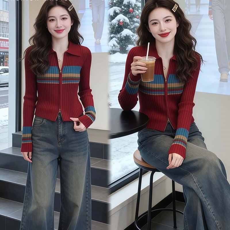 Fashion Master时尚大师时尚条纹撞色针织上衣高腰休闲加厚阔腿裤,女装/女士精品,毛针织衫,淘宝优惠券,粉丝福利购,淘宝优惠卷