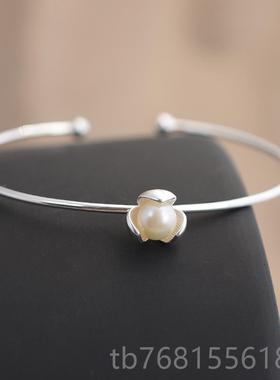 正品s925风纯银手女银清镯子珍珠芙蓉花新简约森镯系细款复古新款