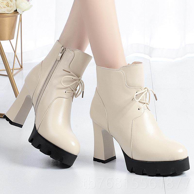 正品真皮高跟短靴女百搭马丁靴厚底白增高单靴纯防水台羊显毛瘦色,女鞋,时装靴,淘宝优惠券,粉丝福利购,淘宝优惠卷