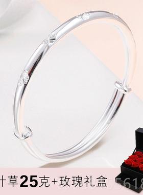 正品时尚银手镯女银999纯银年轻节简约手镯母亲礼物实款心镯子送