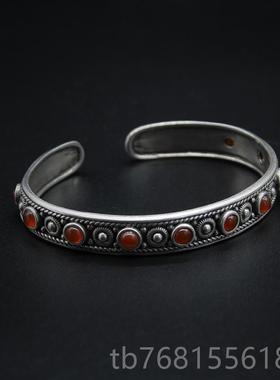 正品纯民族风925族银手镯复古款开口藏特原色做旧手环游牧草风蒙