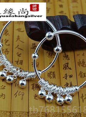 正品新款S9小90足银银镯儿童宝宝男女纯手镯 推拉铃铛圆球婴儿手