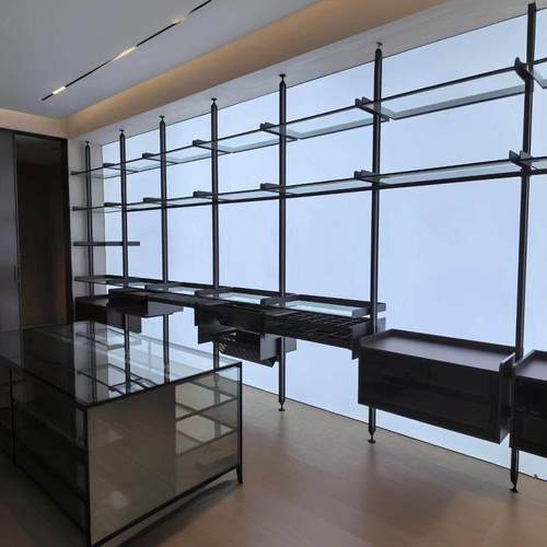 顶天立柱铝合金开放式发光衣帽间简约悬空玻璃层板整体式定制衣柜