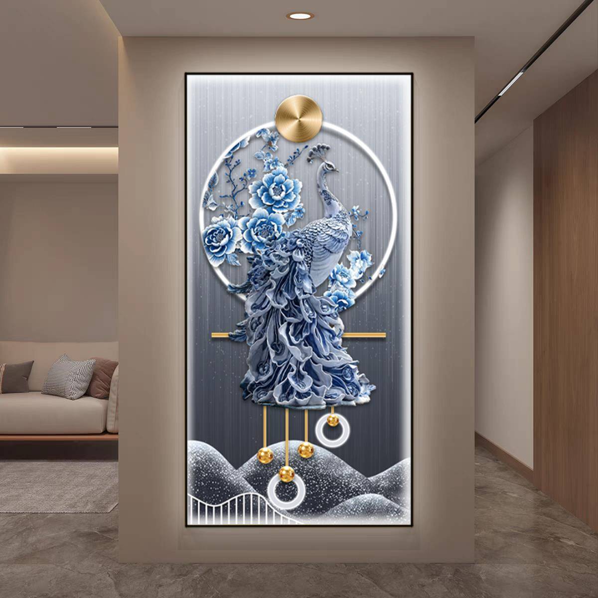 轻奢孔雀入户玄关装饰画青花瓷走廊过道挂画高级感进门正对墙壁画图片