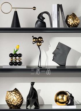 轻奢风客厅电视柜酒柜黑金摆件高级感酒店样板间壁柜艺术软装饰品