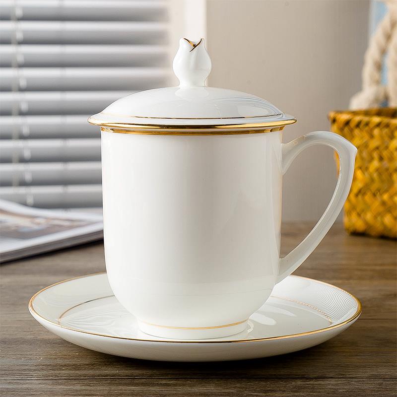 景德镇茶杯陶瓷办公杯带盖子手绘金边骨瓷水杯商务会议杯子LOGO定