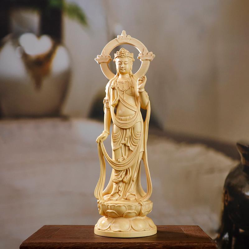 黄杨木雕刻大势至菩萨火焰观音摆件家用佛龛供奉佛像木质家居饰品