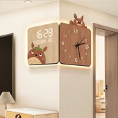 原木风卡通龙猫转角挂钟客厅万年历数显电子时钟高档拐角双面钟表