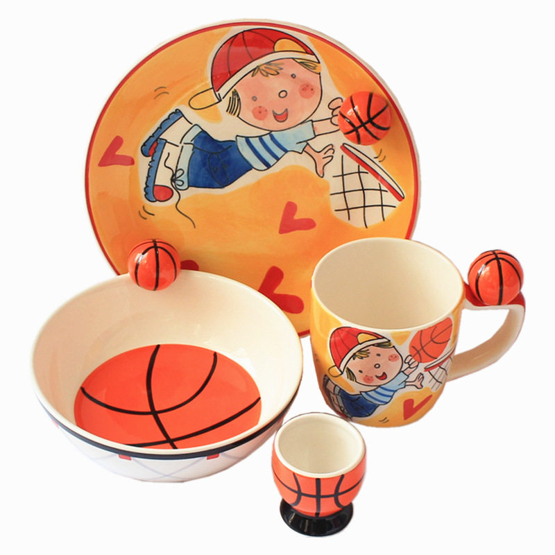 卡通儿童陶瓷餐具套装宝宝可爱饭碗盘子水杯礼盒创意礼品泰国进口