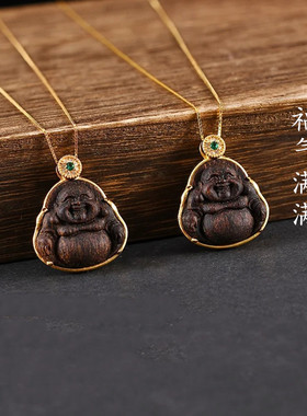 天然沉香吊坠弥勒佛项链女款925银镀金锁骨链轻奢小众设计