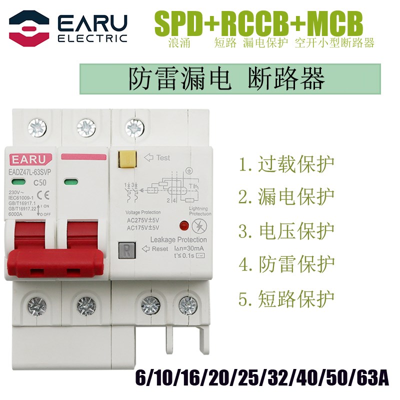 防雷漏电保护器家用空气开关断路器带漏保浪涌保护器 总开关2p63A