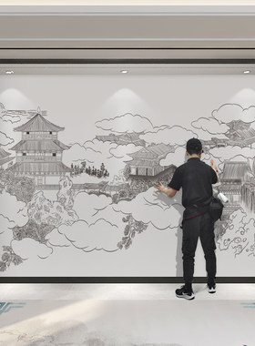 新中式素描线条阁楼壁纸意境山水墨墙纸客厅卧室影视墙布拍摄壁布