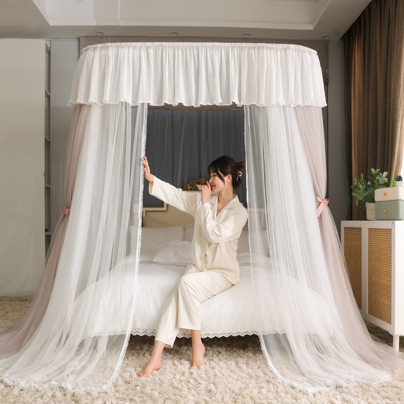 U型导轨蚊帐轨道式双层纱防加粗不锈钢支架三开门落地免安装