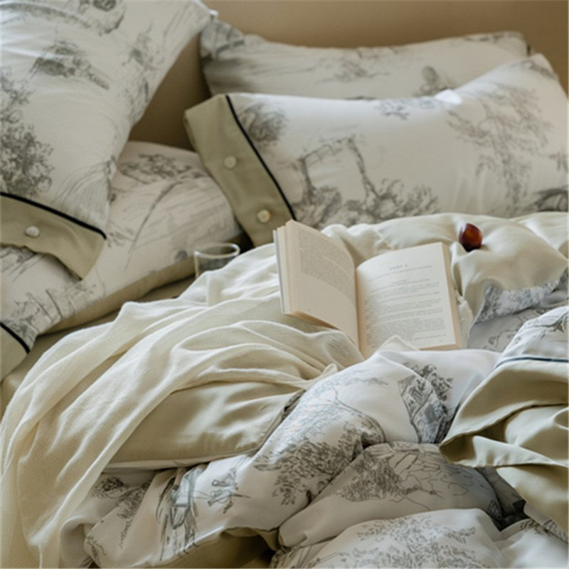 美式轻奢夏季80支双面天丝四件套复古田园风丝滑裸睡莱赛尔套件