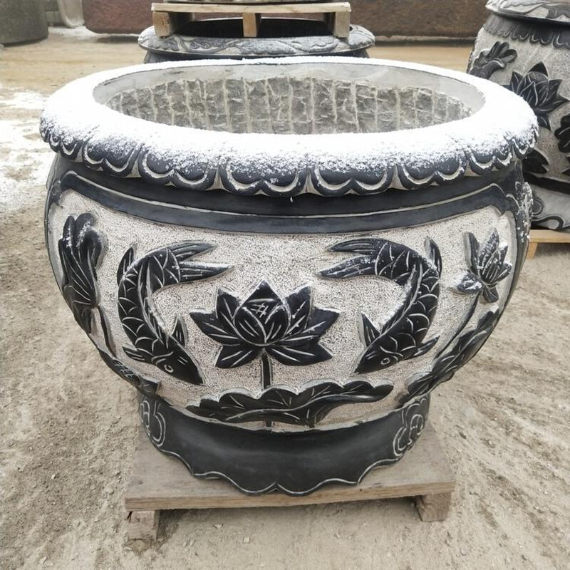 石雕鱼缸花盆青石水缸天然石头荷花缸养鱼池门海石缸庭院圆形石槽