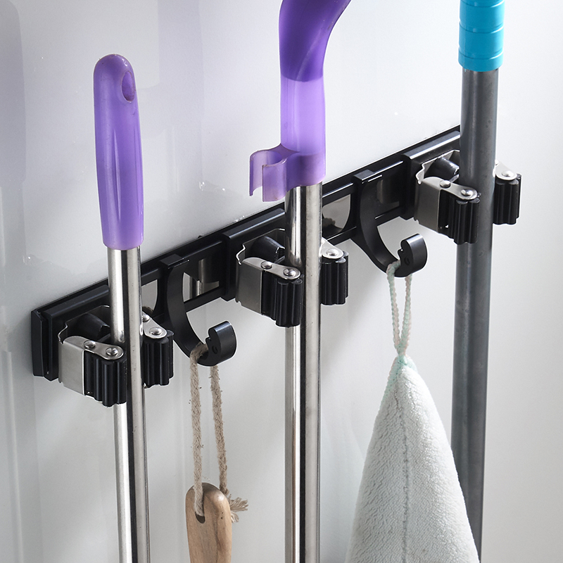 黑色免打孔带钩拖把架挂钩卫生间墙壁挂浴室挂拖把多功能卡座架子