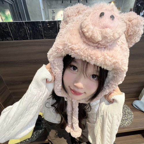 可爱日系粉色猪包头帽显脸小冷帽