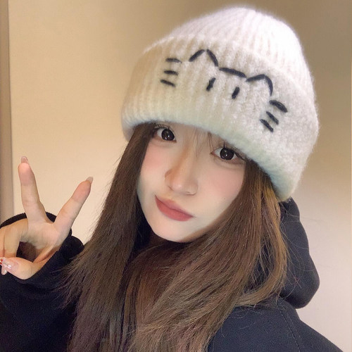 日系可爱小猫帽刺绣毛线帽百搭
