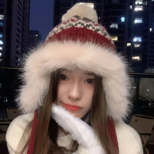 新年红雷锋护耳保暖毛线帽女款