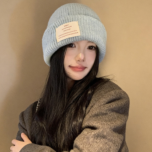 蓝色针织帽子女含羊毛秋冬