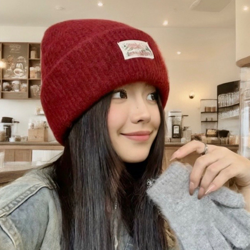 韩版针织毛线堆堆帽子女款2026新款秋冬季贴标红色保暖护耳冷帽女