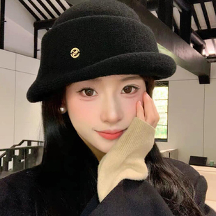 千金风礼帽高级感卷边黑色女秋冬季显脸小气质盆帽大头围渔夫帽子