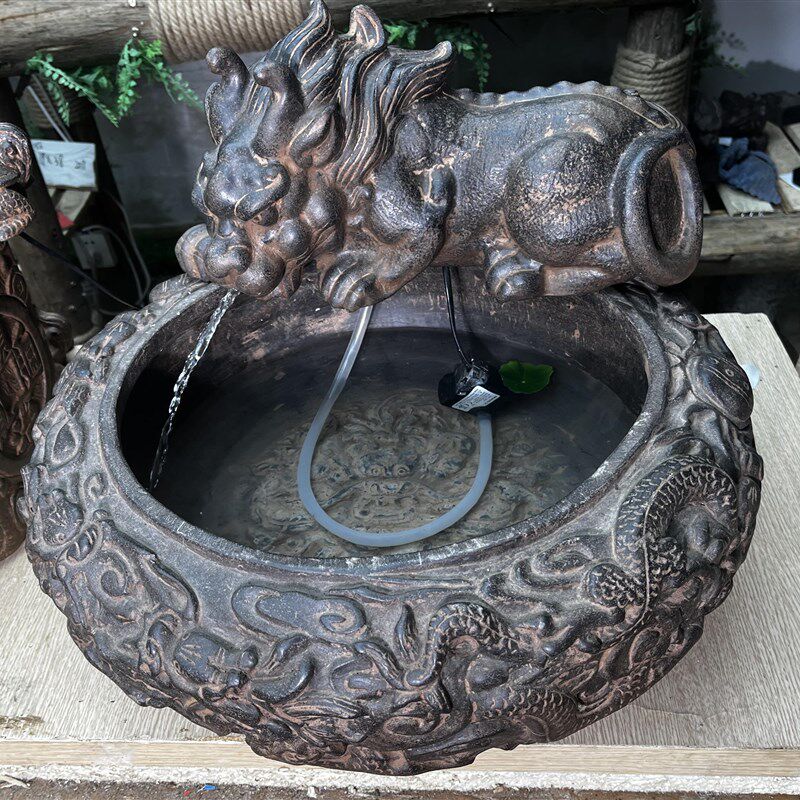 中国风仿青石禅意桌面花盆水盆石头怀旧做旧吐水吸水兽流水花盆