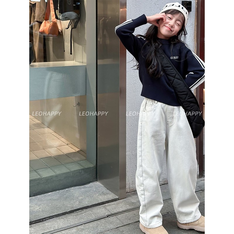 LEOHAPPY女童牛仔裤春秋款儿童裤子白色休闲裤双版本中大童直筒裤