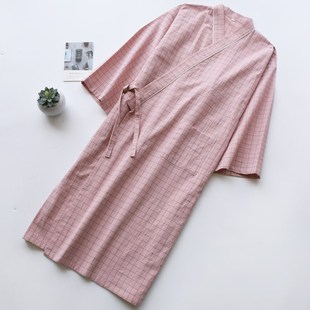 格子日式 宽松汗蒸情侣浴袍家居服 和服睡袍男女春夏季 纯棉棉布薄款