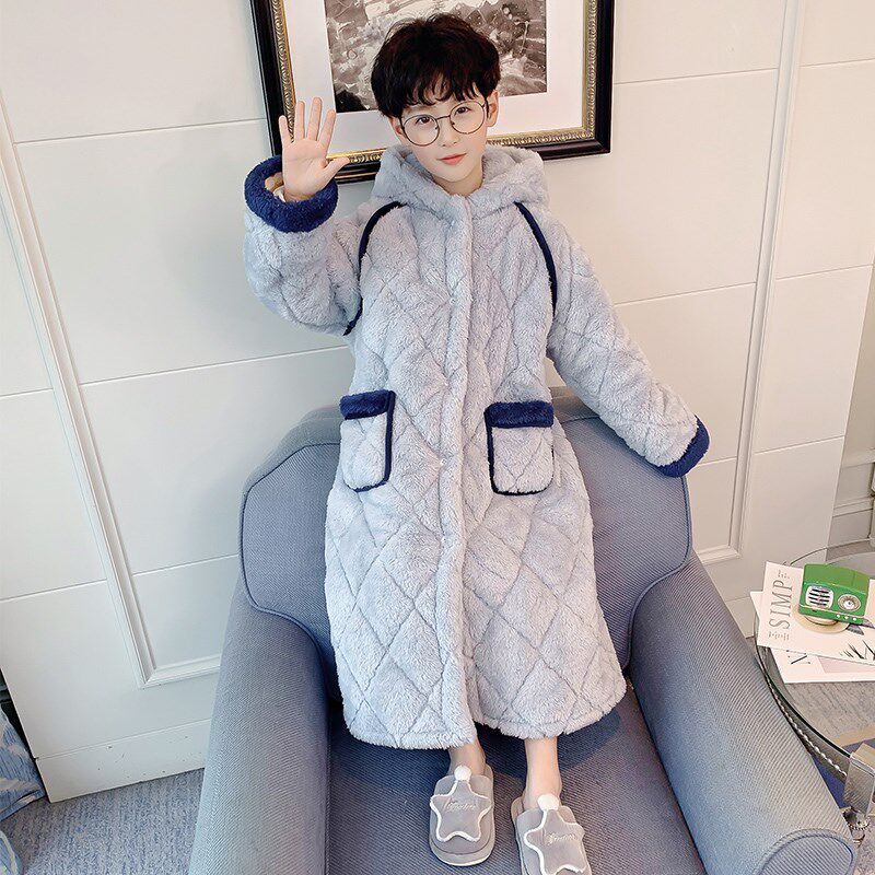 男童睡袍儿童睡衣冬季珊瑚绒加厚款三层夹棉秋冬天男孩法兰绒浴袍