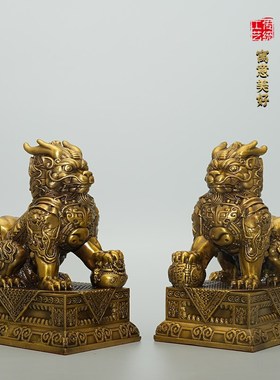 聚财纳福麒麟摆件黄铜一对麒麟工艺品家居客厅桌面铜装饰店铺摆饰