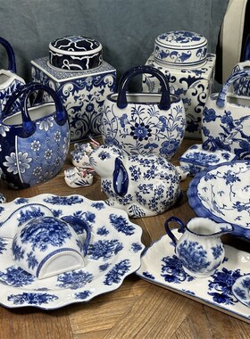 陶瓷国风青花手绘花瓶花篮兔子摆件花卉餐盘果碗汤碗奶壶托盘烛台