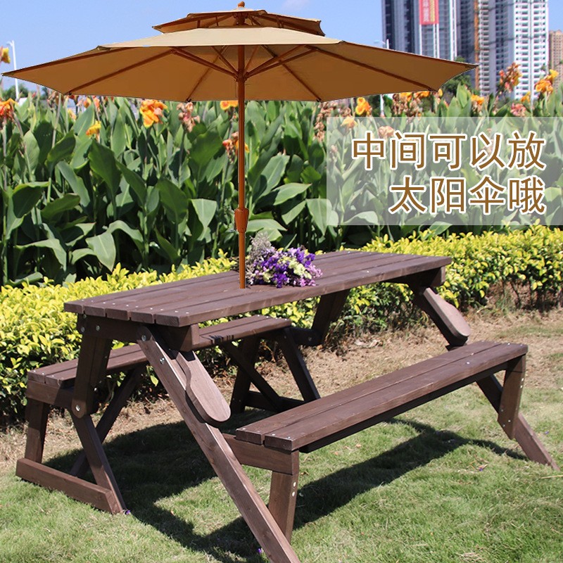 公园户外休息长椅连体桌椅实木防水防晒休闲折叠桌户外花园餐桌椅