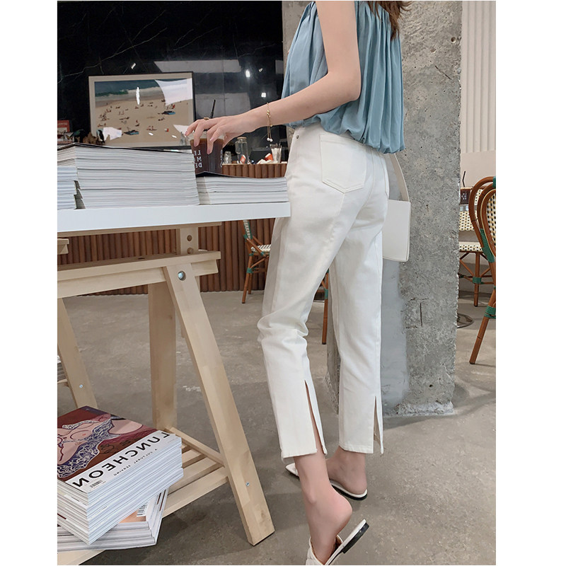 大码女装胖妹妹mm开叉牛仔直筒夏季薄款高腰宽松显瘦九分裤200斤