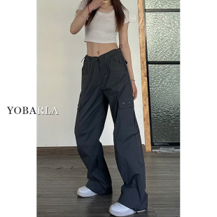 薄款 褲 美式 女高腰夏季 胖mm寬松顯瘦闊腿休閑褲 深灰色直筒工裝 大碼